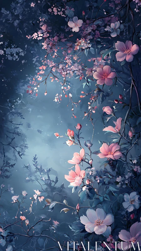 Pink blossoms cascade through twilight blue nocturnal garden.