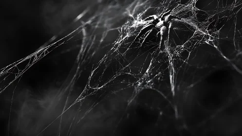 Glistening spider rests in eerie monochrome web at night.