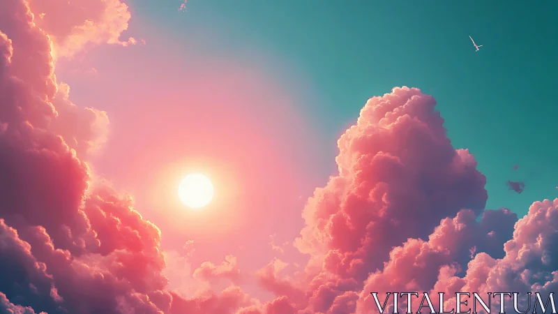 Sunlit sky with dense pink clouds and distant bird form.