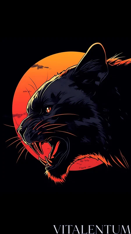 Black Cat Roaring Against Orange Moon.