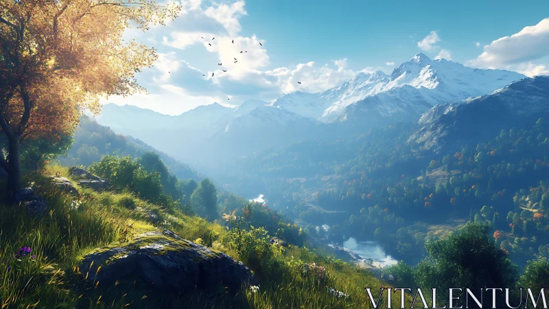 Sunlit alpine valley opens toward distant snowy peaks.