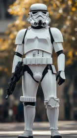 Armored sci fi soldier stands outdoors holding blaster rifle