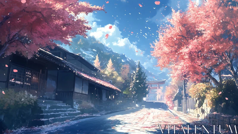 Autumn hillside street with cherry blossoms and shrine gate.