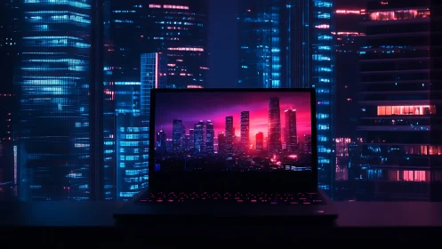 Neon-lit laptop framing magenta cyber city skyline at night.