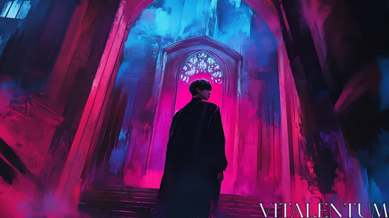 Backlit figure stands in neon-lit gothic archway with volumetric fog