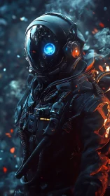 High-spec exosuit astronaut in volatile ember-filled atmosphere