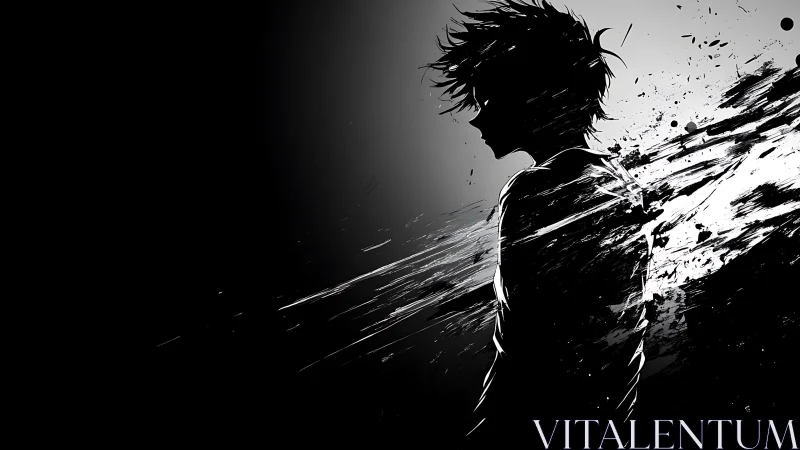 Silhouetted figure dissolving in dynamic monochrome bursts.