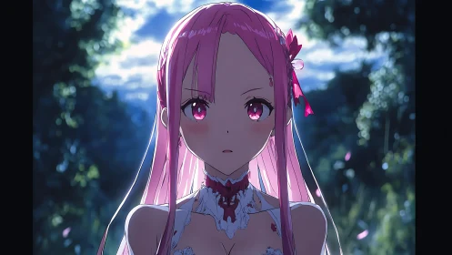 Backlit anime girl with pink hair and high contrast forest bokeh