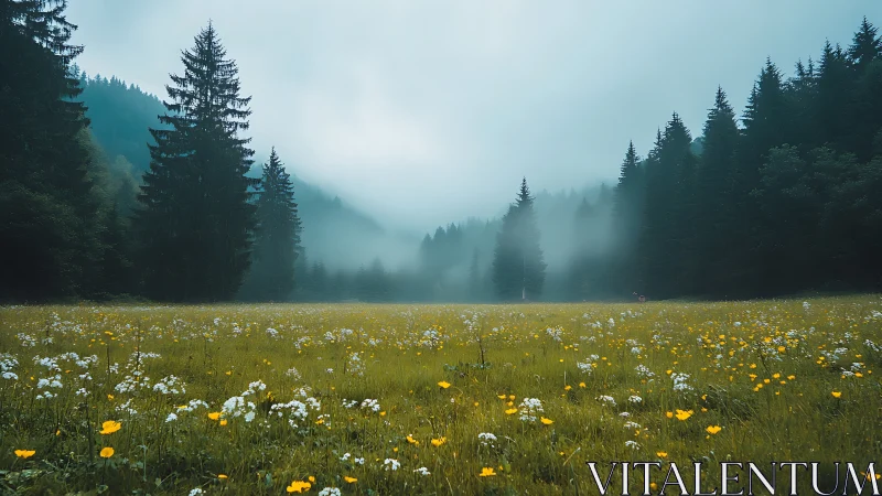 Mist-laden alpine meadow with conifer forest framing field.