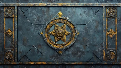 Bronze star emblem mounted on weathered blue metal panel