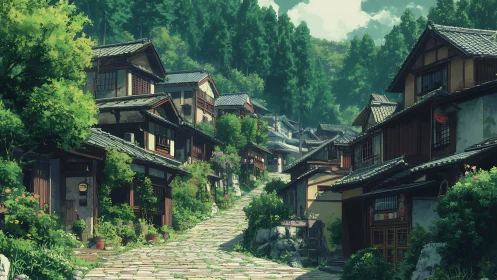 Digital painting of terraced village street with lush greenery.