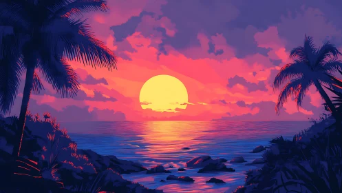 Vibrant tropical sunset rendered in stylized neon gradient hues