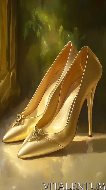 Gold high-heeled shoes with jewel detail in soft light.