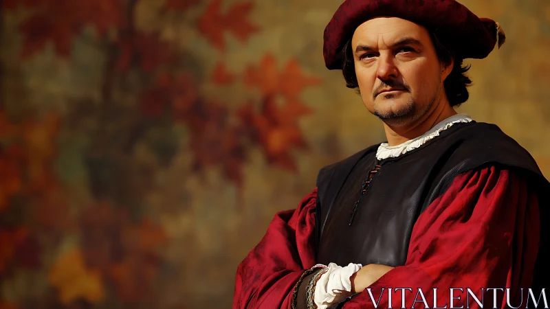 Proud Renaissance gentleman stands in rich autumn colored attire