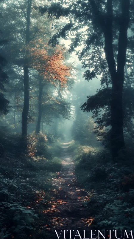 Misty Forest Path with Autumn Light Breaking Through