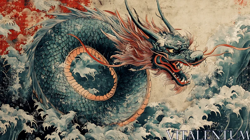 Mythic teal dragon coils through storm waves, crimson mane flaring.
