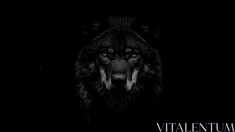 Midnight-eyed black wolf emerging from a cathedral of dark.