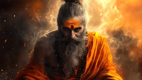 Fiery sage in intense meditation amid swirling embers.