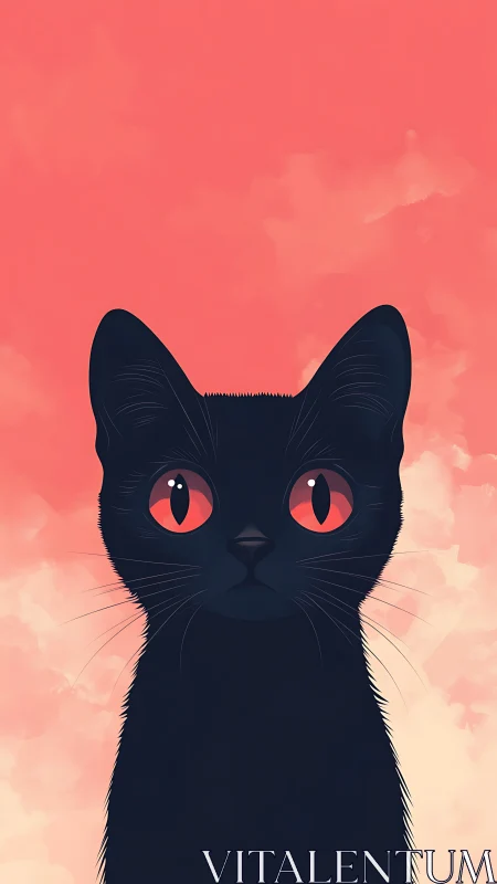 Black Cat with Red Eyes Against Coral Sky