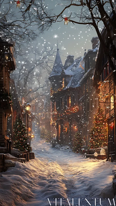 Snow-laden medieval street with festive volumetric lighting.