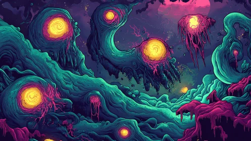 Bioluminescent void organisms in neon cosmic sludge-scape.