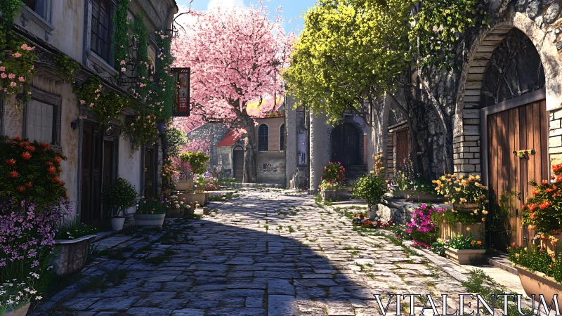 Cobbled spring lane daydreams beneath blooming stone walls