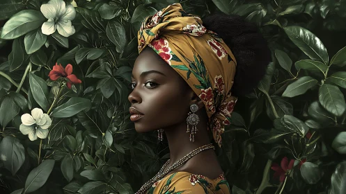 Emerald garden muse crowned in marigold patterned headwrap.