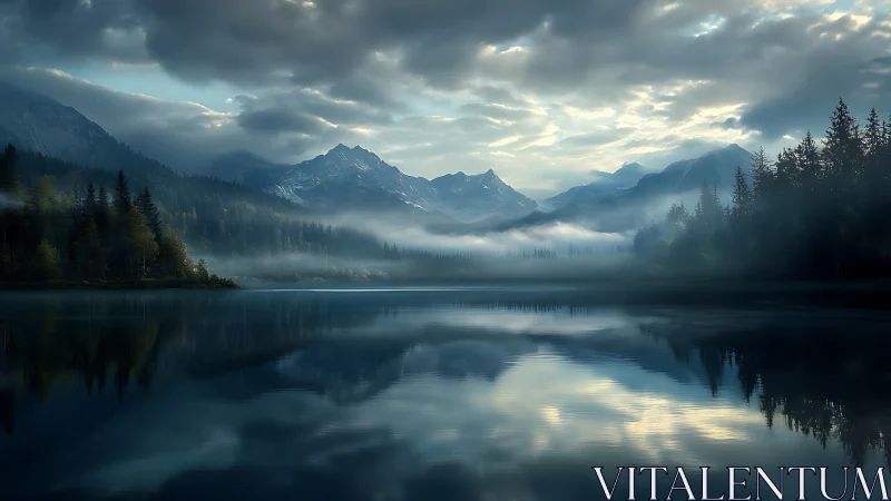 Mountain lake with forest shoreline and low morning fog.