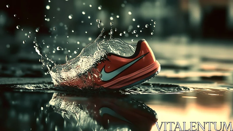 Bold running shoe splashing through water with lively energy.