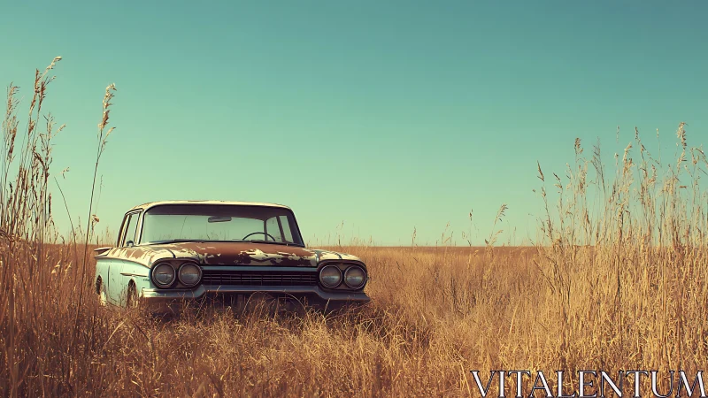 Weathered sedan stands in dry grassland under clear sky