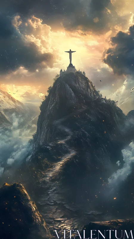 Statue crowned by stormlit clouds rises above a sacred peak