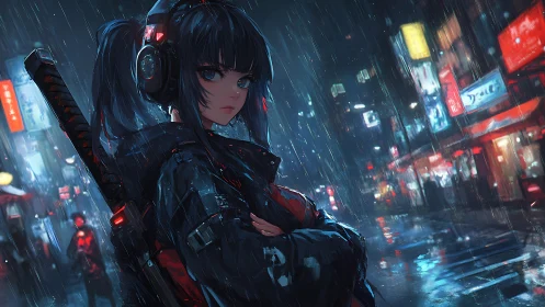 Cyberpunk girl stalks neon streets under cold night rain