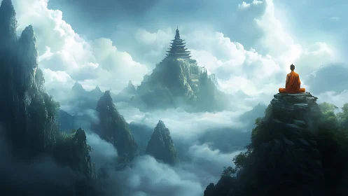 Monk on mountain peak overlooking distant sky temple.
