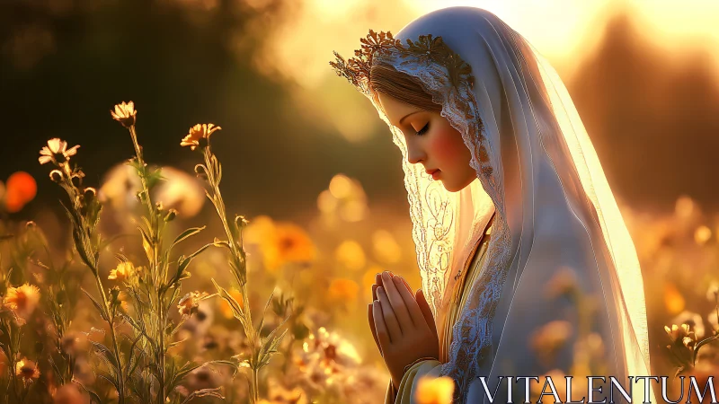 Woman in veil praying in flower field at warm sunset light