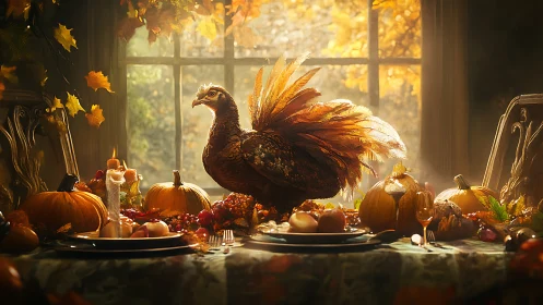 Regal autumn turkey presides over glowing harvest feast.