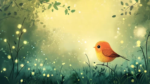 Cute orange songbird in glowing green forest clearing.