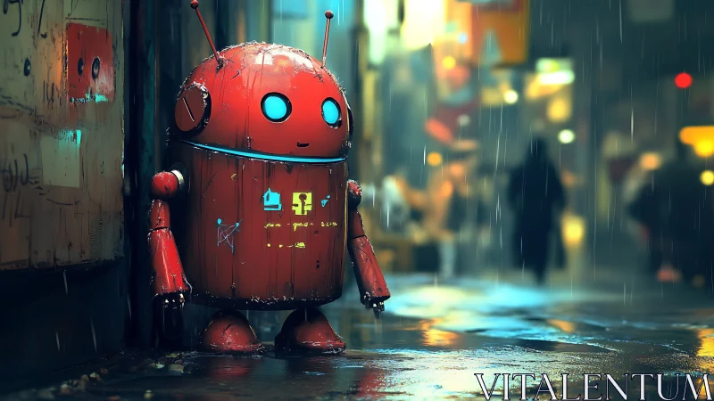 Lonely red robot glows in neon soaked rainy alleyway.