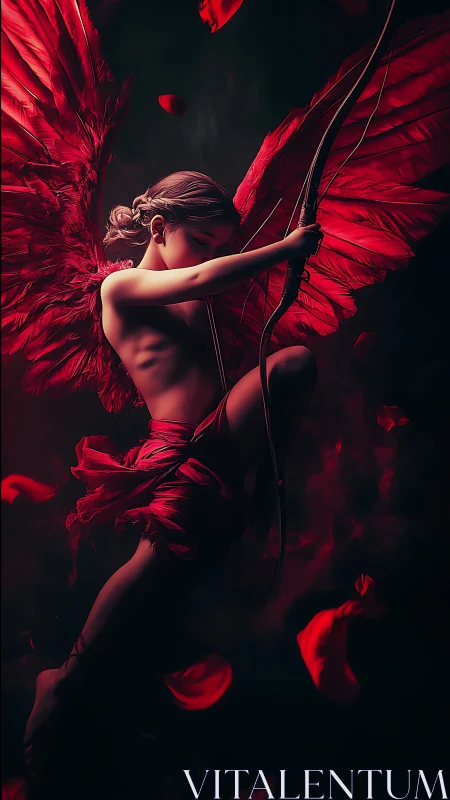 Scarlet-winged cherub archer rendered in dramatic chiaroscuro