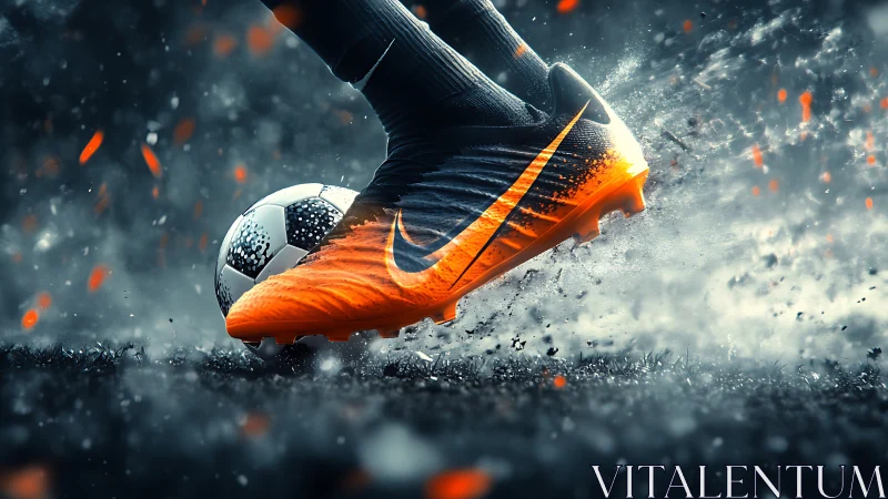 Dynamic close-up of orange soccer boot striking wet ball.