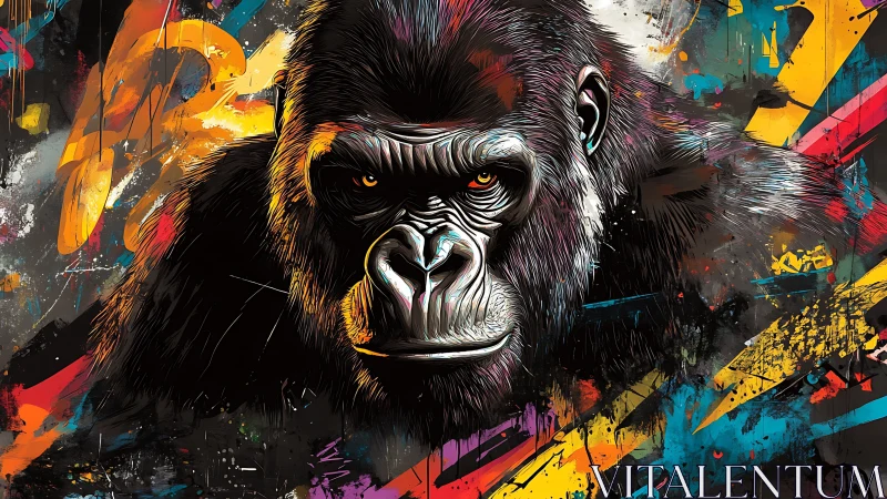 Gorilla portrait emerges through explosive abstract graffiti color