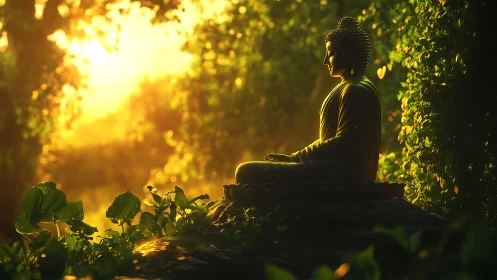 Serene Buddha statue in lush forest with radiant sunset glow.