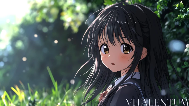 Sunlit anime schoolgirl portrait in soft bokeh garden setting.