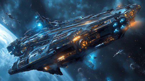 Orbital dreadnought with illuminated fusion drive architecture.