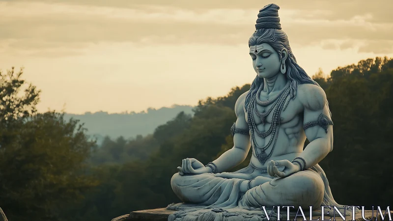 Serene stone deity rests in calm meditation at sunrise
