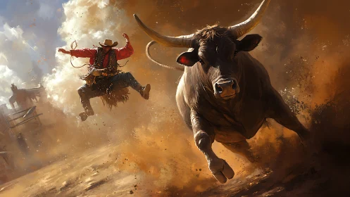 Charging bull and airborne cowboy rendered in dynamic digital realism