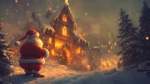 Santa Claus observes a warmly lit snowy village street at dusk