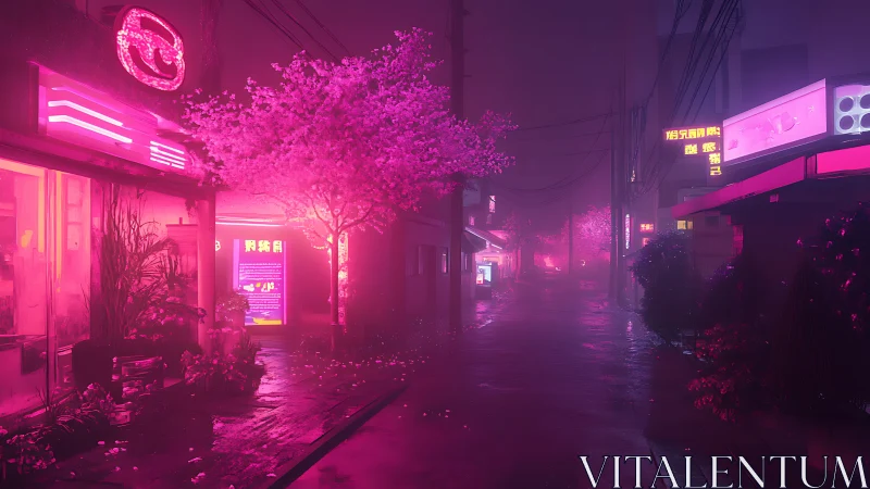 Neon sakura drape a rainy cyber-street in sugar-pink glow