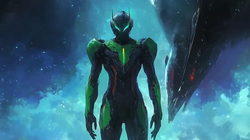 Armored exosuit pilot stands against nebula with looming alien craft