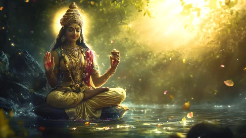 Divine female figure in ornate attire by a forest stream.