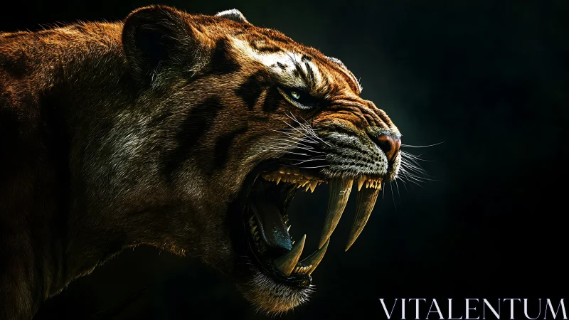Saber-toothed tiger roars in shadowy dramatic profile.